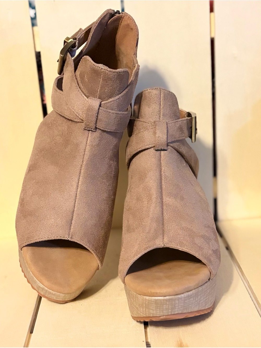 Corkys Taupe Suede Peep-Toe Ankle Wedge Sandals